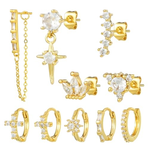 Ohrringe Gold Set 10 Paar Hypoallergen 18K Vergoldete Huggie Creolen Damen