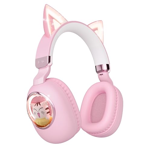 Kinder Bluetooth Kopfhörer mit Mikrofon, LED Katzenohr, 85dB Lautstärkebegrenzung