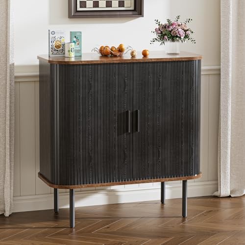 Sideboard mit Tambour-Tür, Buffet-Aufbewahrungsschrank für Wohnzimmer, Schwarz