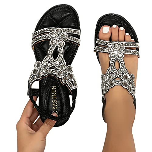 sandaletten damen sommer elegant boho flach mit strass t-riemen slingback 39/EU
