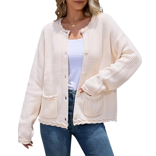 Zligxea Damen Strickjacke langarm, Rundhals, leichte Strickweste mit Taschen, aprikose, L