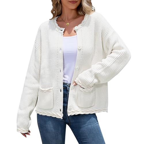 Produktbild: ZLIGXEA Damen Strickjacke Langarm Rundhalsausschnitt Offene Front Tasche Weiß S