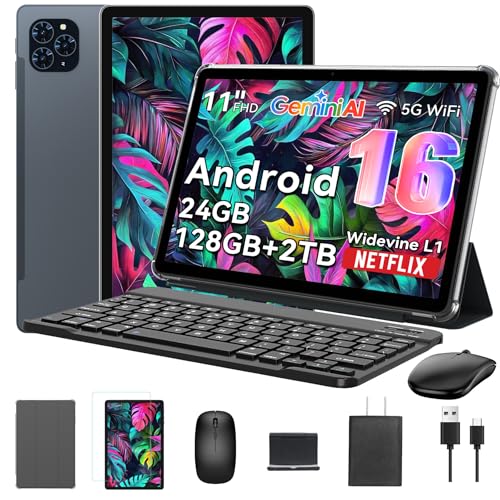 tablet 2025 android 16 zoll, 11 zoll fhd, 24gb ram, 128gb rom, 5g wifi, 2-in-1 mit tastatur und stift