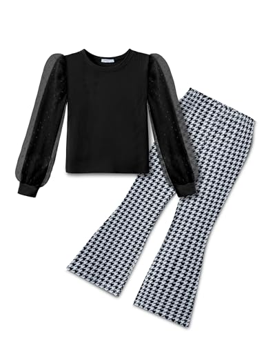 Mädchen Bekleidungsset Langarmshirt Schwarz Karierte Schlaghose 100/4-5 Jahre