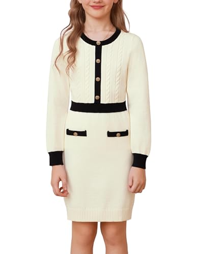 Mädchen Pullover Kleid Langarm Rundhals Strickkleid Beige 7 Jahre Herbst Winter