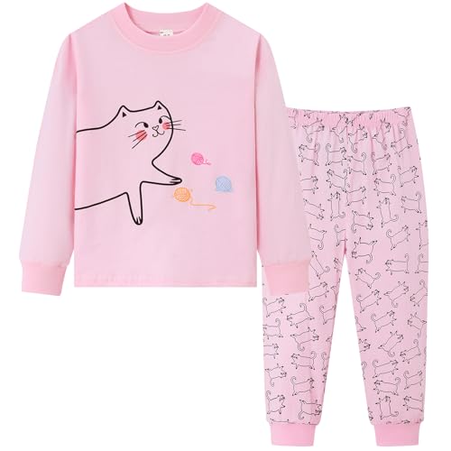 dinopjs schlafanzug mädchen katzen muster rosa langarm hose pyjama set baumwolle