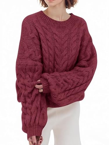 Oversized Damen Pullover Rundhals Strickpullover Zopfmuster Langarm Weinrot M