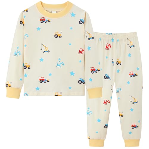 dinopjs jungen schlafanzug langen ärmel und hose kinder pyjama traktor kran beige gelb