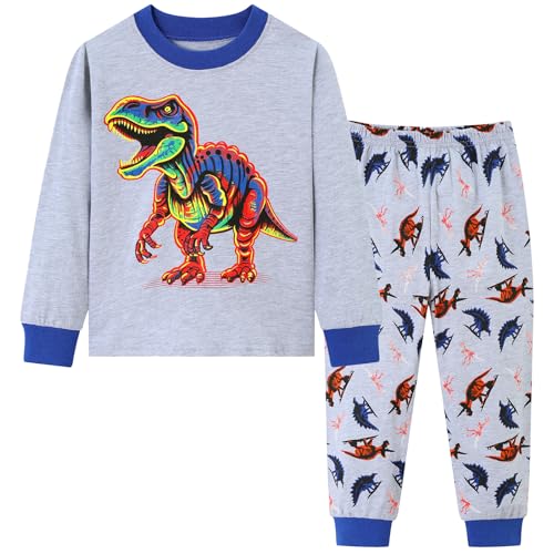 dinopjs schläfanzug jungen dino langarm mit hose t-rex pyjama-set hellgrau