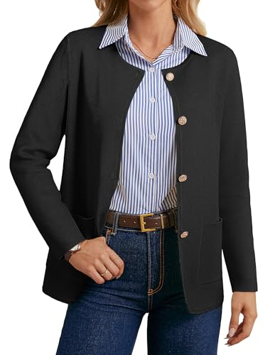 Produktbild: Damen Strickjacke Schwarz Langarm Cardigan Rundhalsausschnitt Button Down L