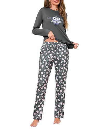 demegimi damen schlafanzug lang pyjama baumwolle rundhals eulen winter nachtwäsche