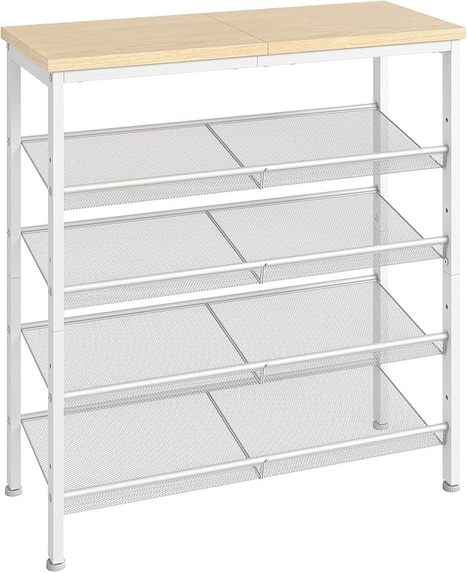 HOOBRO Schuhregal 5-stöckig, verstellbares Metallgitterregal für 16-20 Paar, Weiß-Holz