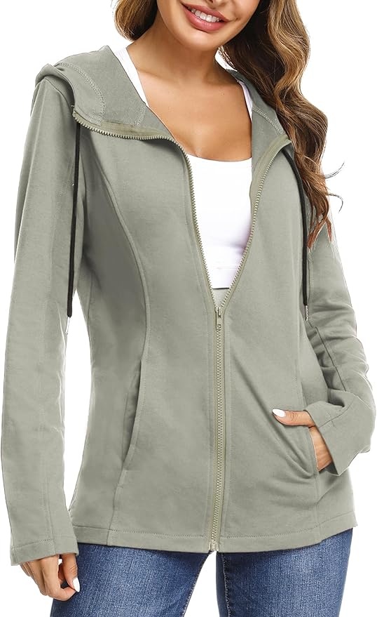 Produktbild: Aottori Damen Sweatjacke Kapuze Einfarbig Dünn Hoodie Grau 2 S