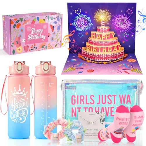 geschenpark geburtstagsgeschenk für mädchen 6-14 jahre, 3D-musikkarte, geschenkset mit sokken, schminktasche, haargummis, trinkflasche