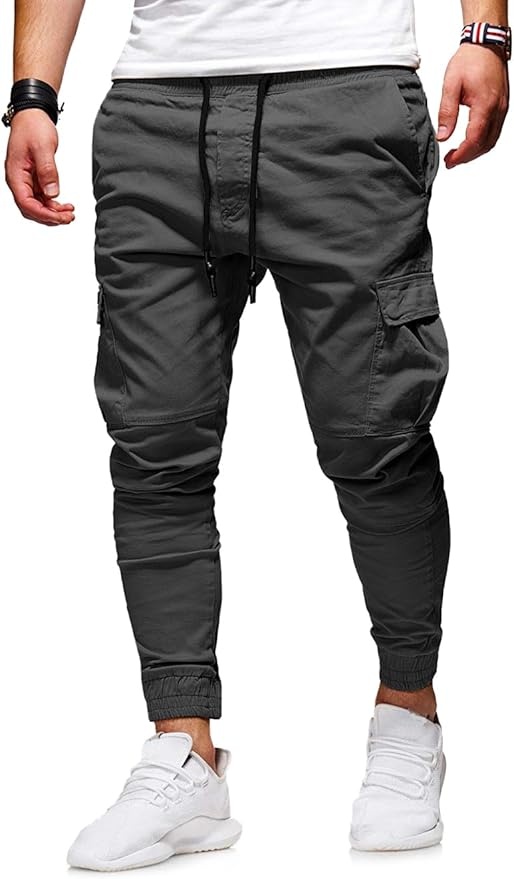 Herren Chino Cargo Jogginghose Baumwolle Sporthose mit Taschen und Kordelzug
