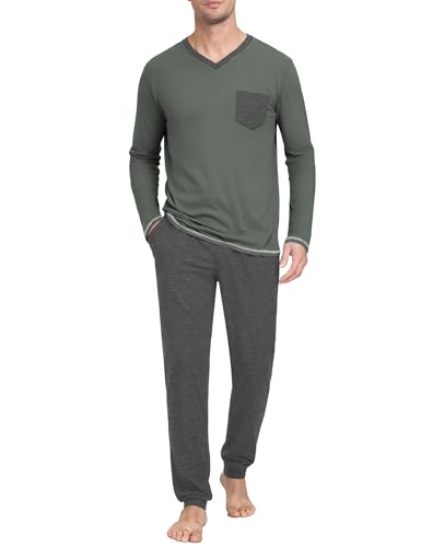 schlafanzug herren lang pyjama set baumwolle winter v-ausschnitt mit taschen dunkelgrau