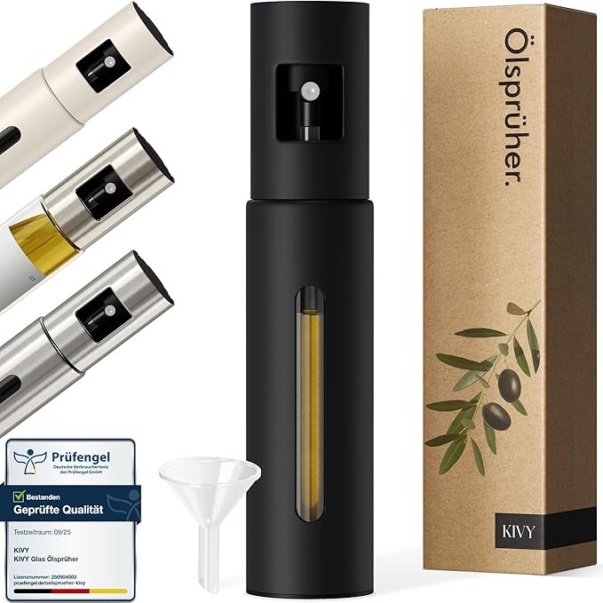 KIVY Ölsprüher Edelstahl & Glas - Sprühflasche für Öl, Essig, präzise Dosierung