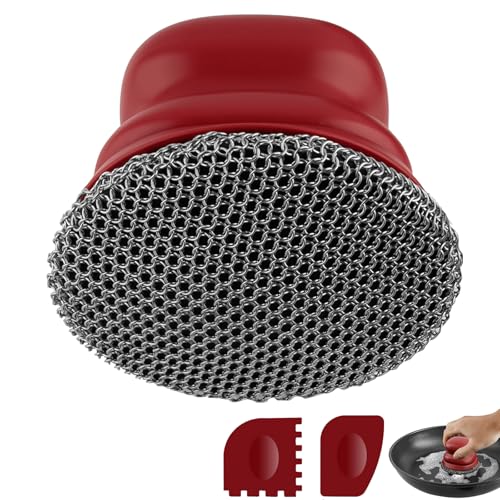 schrubber für gusseisenpfanne, topfreiniger mit 2 schabern, kettenbürste rot