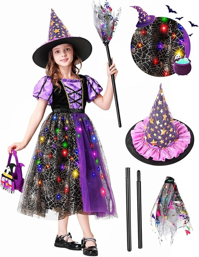 hexenkostüm mädchen mit led lichter, charmofun hexenbesen, hut, süßigkeitentasche, halloween kinder kostüm