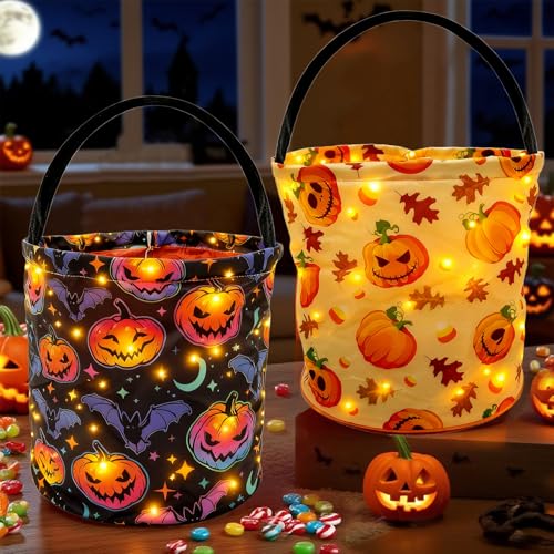 halloween kürbis candy bag 2 stück, led eimer für süßigkeiten, tasche für kinder