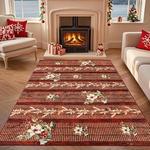 weihnachtsteppich rot 120x180cm von geanup, waschbar, rutschfest für wohnzimmer, schlafzimmer, küche, flur