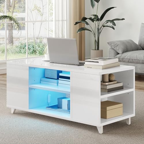 TAUS Couchtisch weiß Hochglanz mit LED Beleuchtung und offenen Regalen 97,5 x 48 x 45 cm