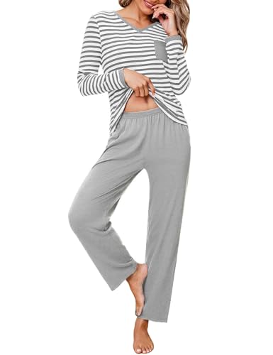 terecey schlafanzug damen lang baumwolle v-ausschnitt gestreift pyjama set grau l