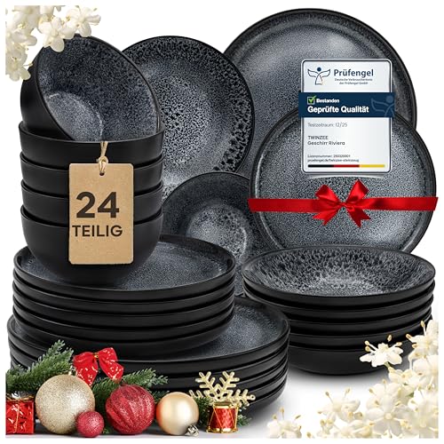 twinzee steingut geschirrset 24-teilig für 6 personen mikrowellengeeignet steinzeug
