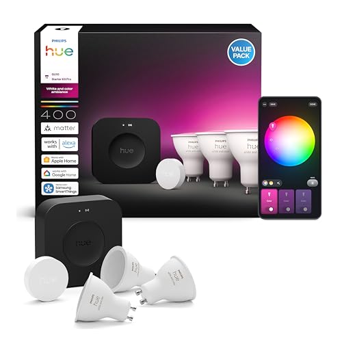 hue starter kit mit bridge pro, 3 gu10 color ambiance, smart button