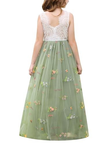 EFOGEP Blumenmädchen Kleid Ärmellos V Rücken Tüll Maxikleid Grün 2-3 Jahre