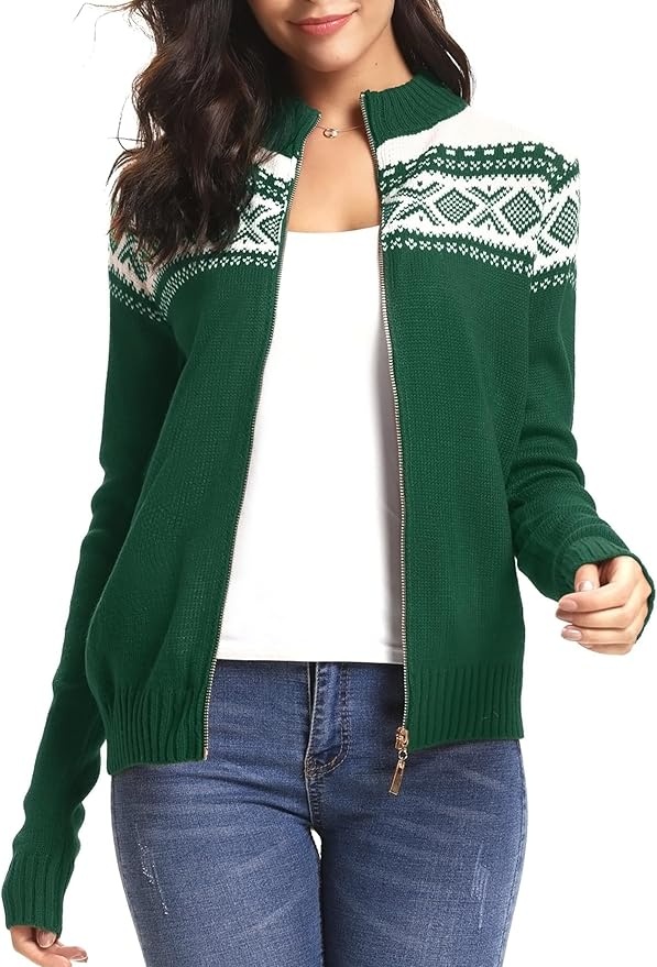sykooria damen strickjacke weihnachten cardigan norweger muster zip pullover grün l
