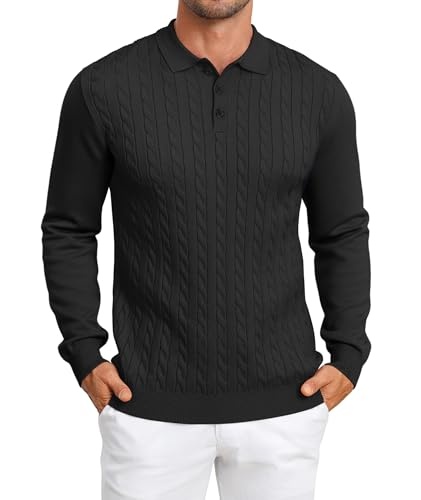 Elainone Herren Polo Pullover schwarz, langarm, slim fit, Zopfmuster, XL