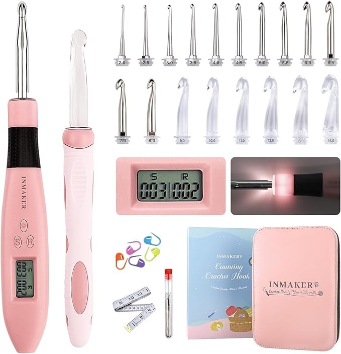 Häkelnadel Set mit Licht, 18in1 Ergonomisch, 2-14mm, Geschenke für Strickliebhaber