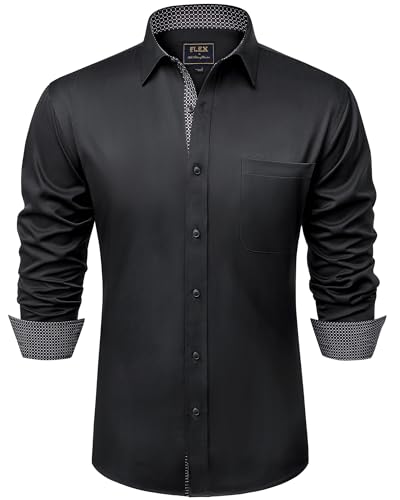 siliteelon Herren schwarzes langarm hemd regular fit stretch baumwolle büro anzughemd