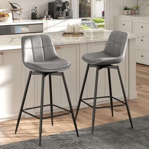 Drehbarer Barhocker Industriestil Hellgrau - PU, Rückenlehne, Metallbeine