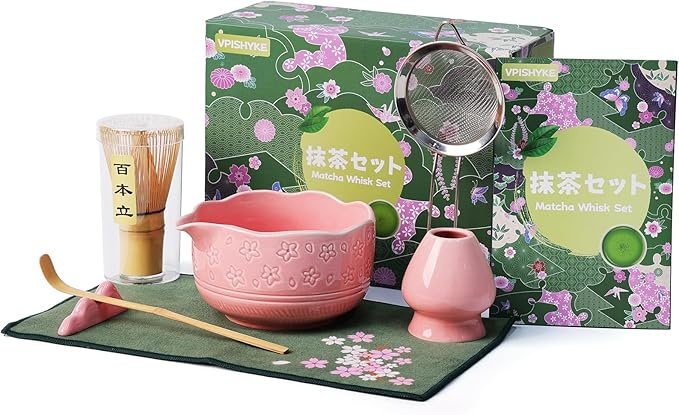 VPISHYKE 7-teiliges Matcha Tea Set mit Bambusbesen, Schale und Sieb - Rosa