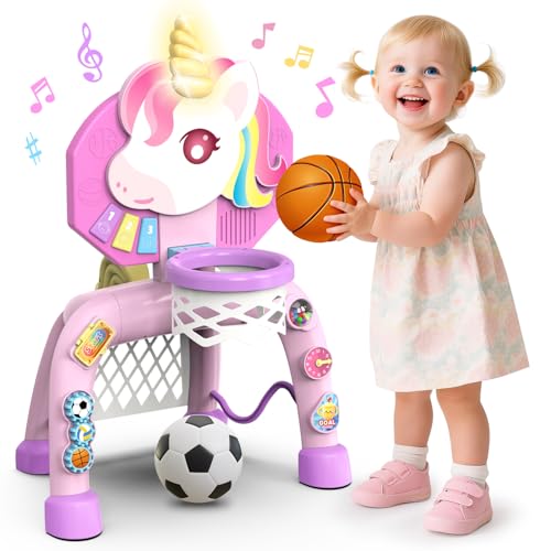 poperfun basketballkorb für kinder & fussballtor für garten, einhorn geschenk 1-3 jahre