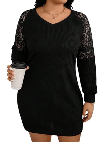 Damen Curvy V-Ausschnitt Strickkleid Langarm Geripptes Pulloverkleid Schwarz 1XL