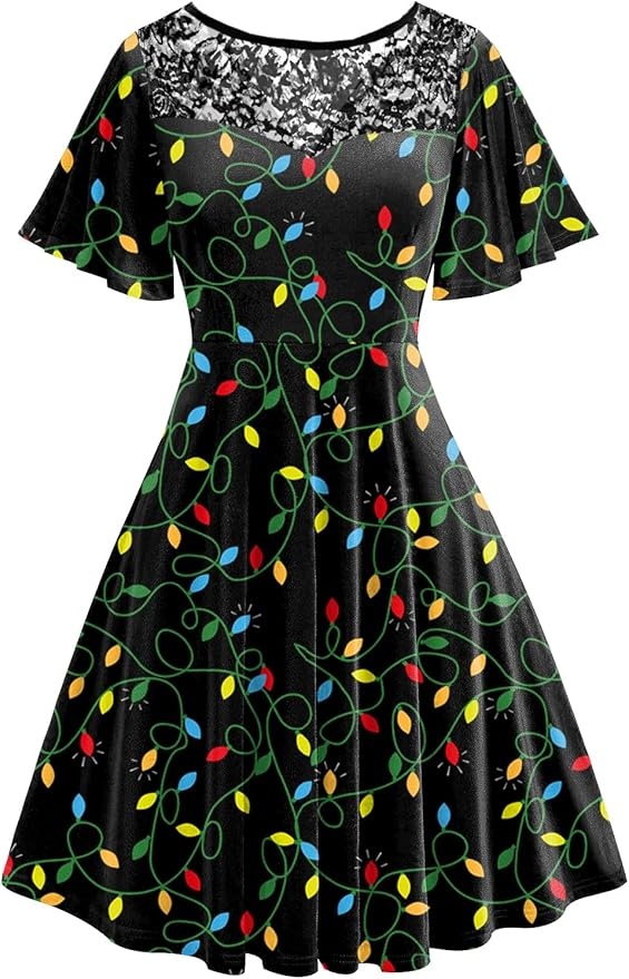Produktbild: Weihnachtskleid Damen Vintage Drucken Xmas Kleid mit Glühbirne L