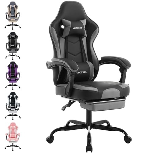 WOTSTA Ergonomischer Gaming Stuhl mit Fußstütze und Lendenwirbelstütze, Dunkelgrau