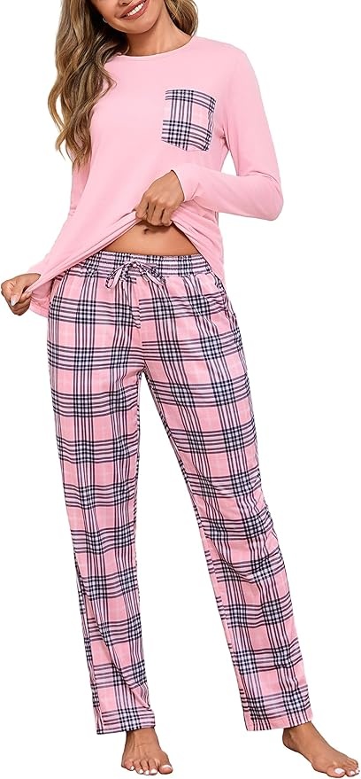 aseniza schlafanzug damen lang pyjama set baumwolle winter rosa karierte hose M