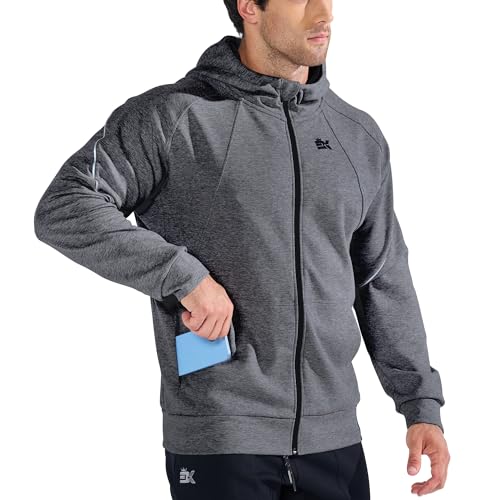 Herren Zip Hoodie Baumwolle Dunkelgrau, Fitness Laufjacke mit Reißverschlusstasche