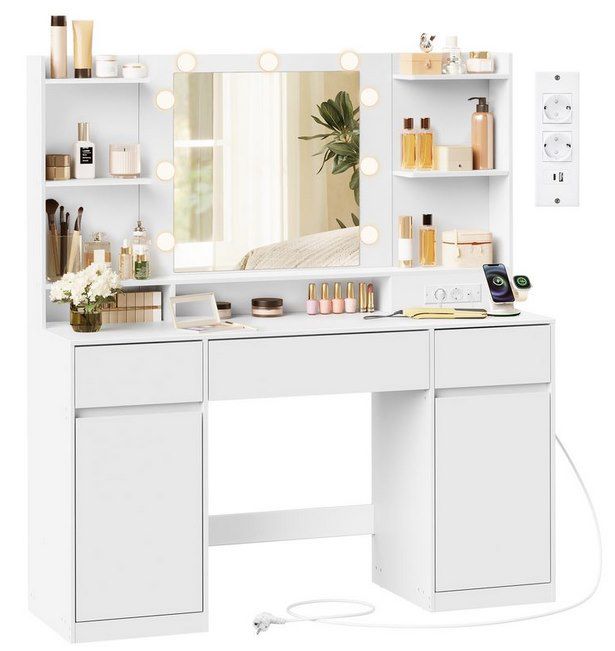 Produktbild: VASAGLE Schminktisch mit Spiegel, LEDs & Steckdosen, 109,69