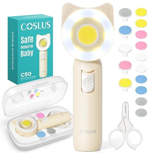 COSLUS Baby Nageltrimmer elektrisch mit 360 LED, 16-in-1 Nagelpflegeset für Neugeborene