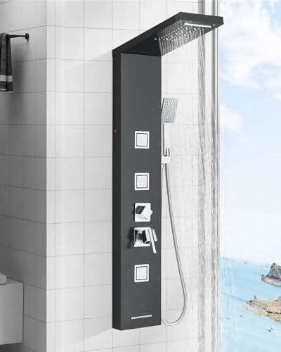 Hydromassage-Duschsäule mit 5 Funktionen, Edelstahl Duschpaneel Regen&Wasserfall