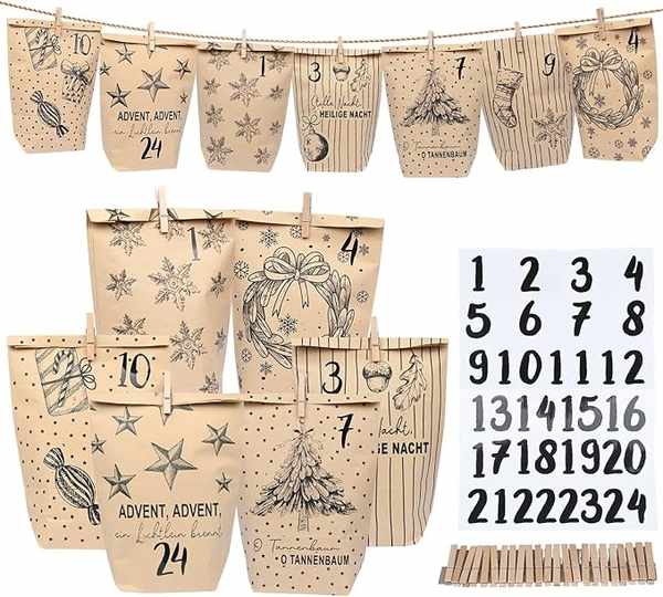 Produktbild: DECHISY Adventskalender Tüten, 24 Papiertüten mit Zahlenaufklebern & Klammern