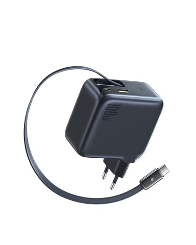 baseus 100W usb c ladegerät mit ausziehbarem kabel, 3 ports, gaN netzteil