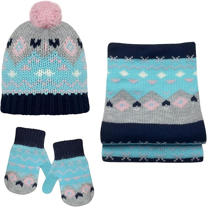 3-in-1 Kinder Handschuhe Mütze Schal Set, Winter Strickset 2-3 Jahre