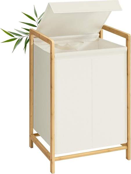 Wäschekorb mit 2 Fächern, Bambusrahmen, abnehmbarer Deckel, 100L/150L