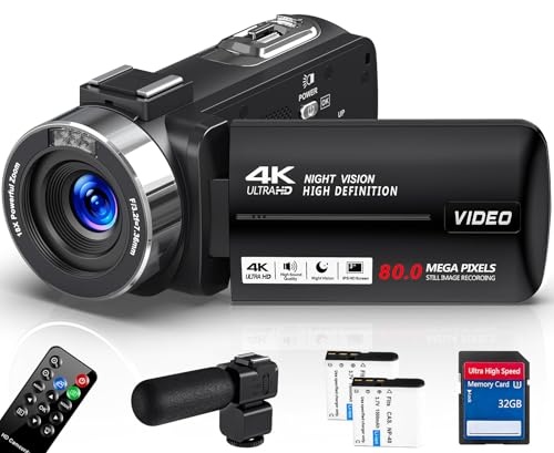4K videokamera delmodes 30fps camcorder 80mp 18x digitalzoom mit mikrofon, 32GB SD-Karte